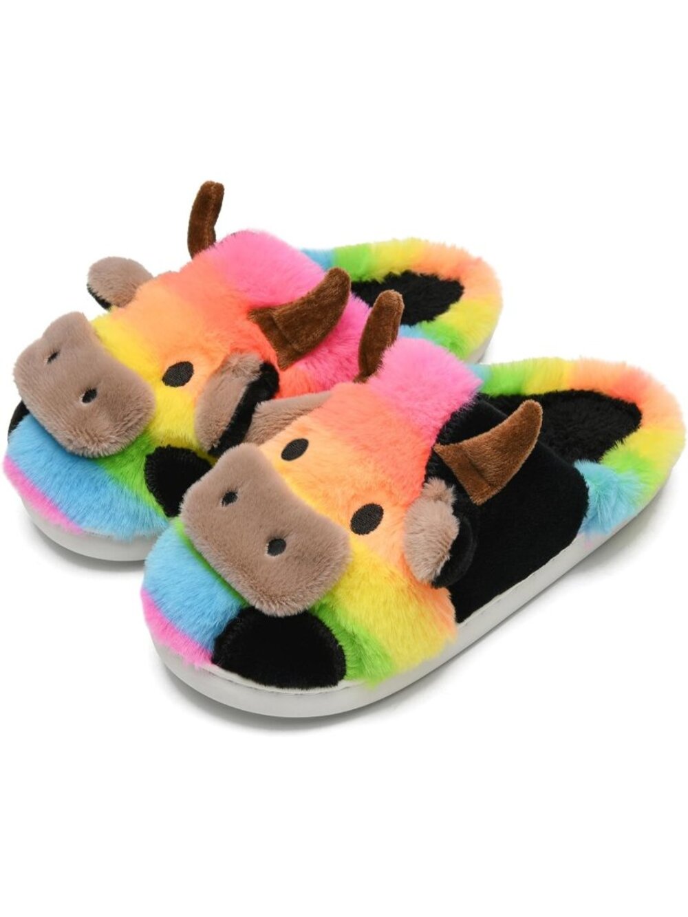 Women's Rainbow Fluffy Cute Cozy Cartoon Fuzzy Cow Polyester Indoor Slippers